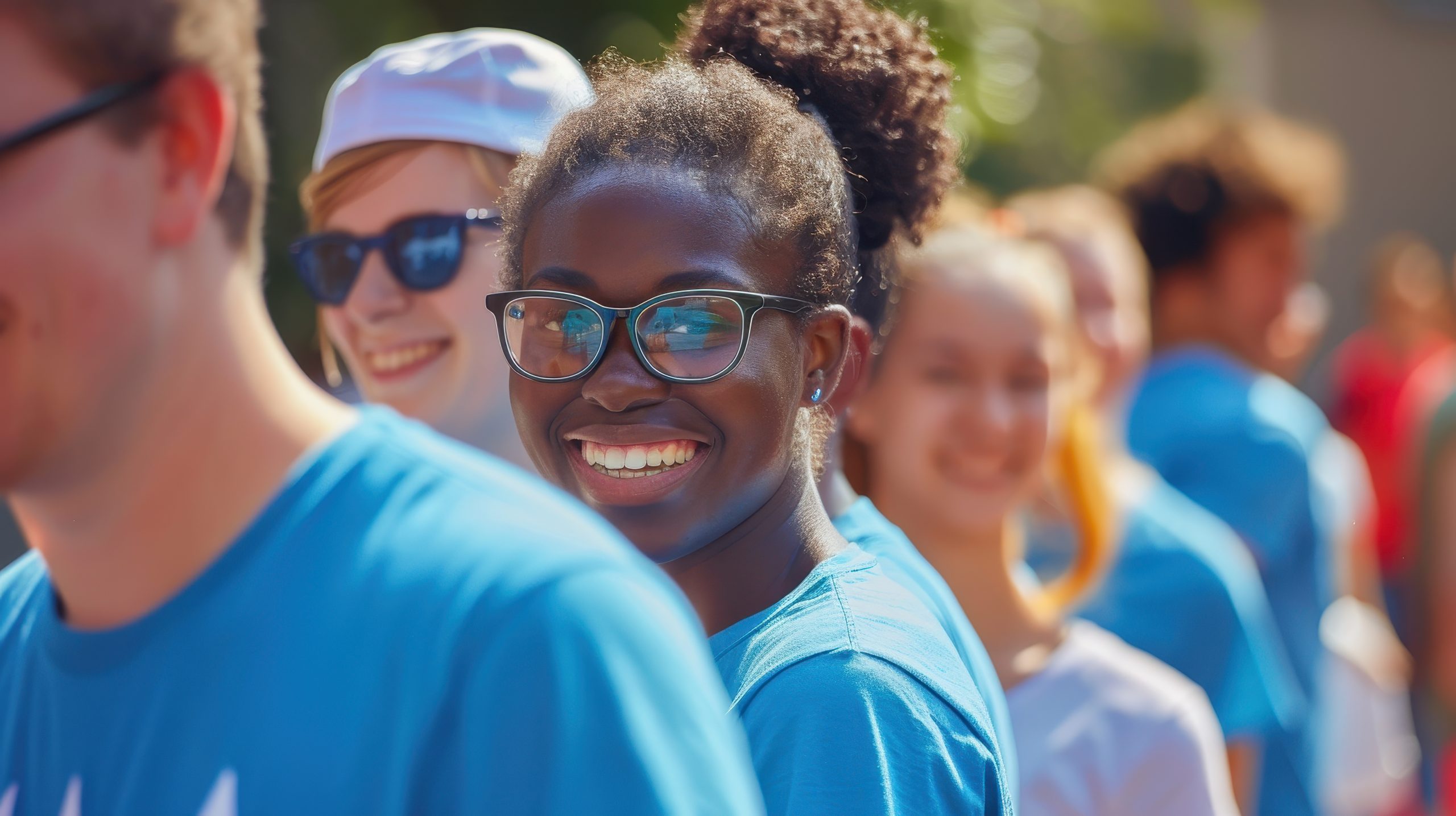 Group of Diverse Young Adults Smiling and Enjoying Outdoor Event in Bright Sunny Weather